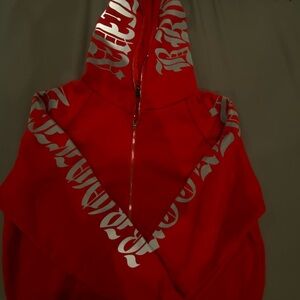 Red Hoodie with White Graphic Print